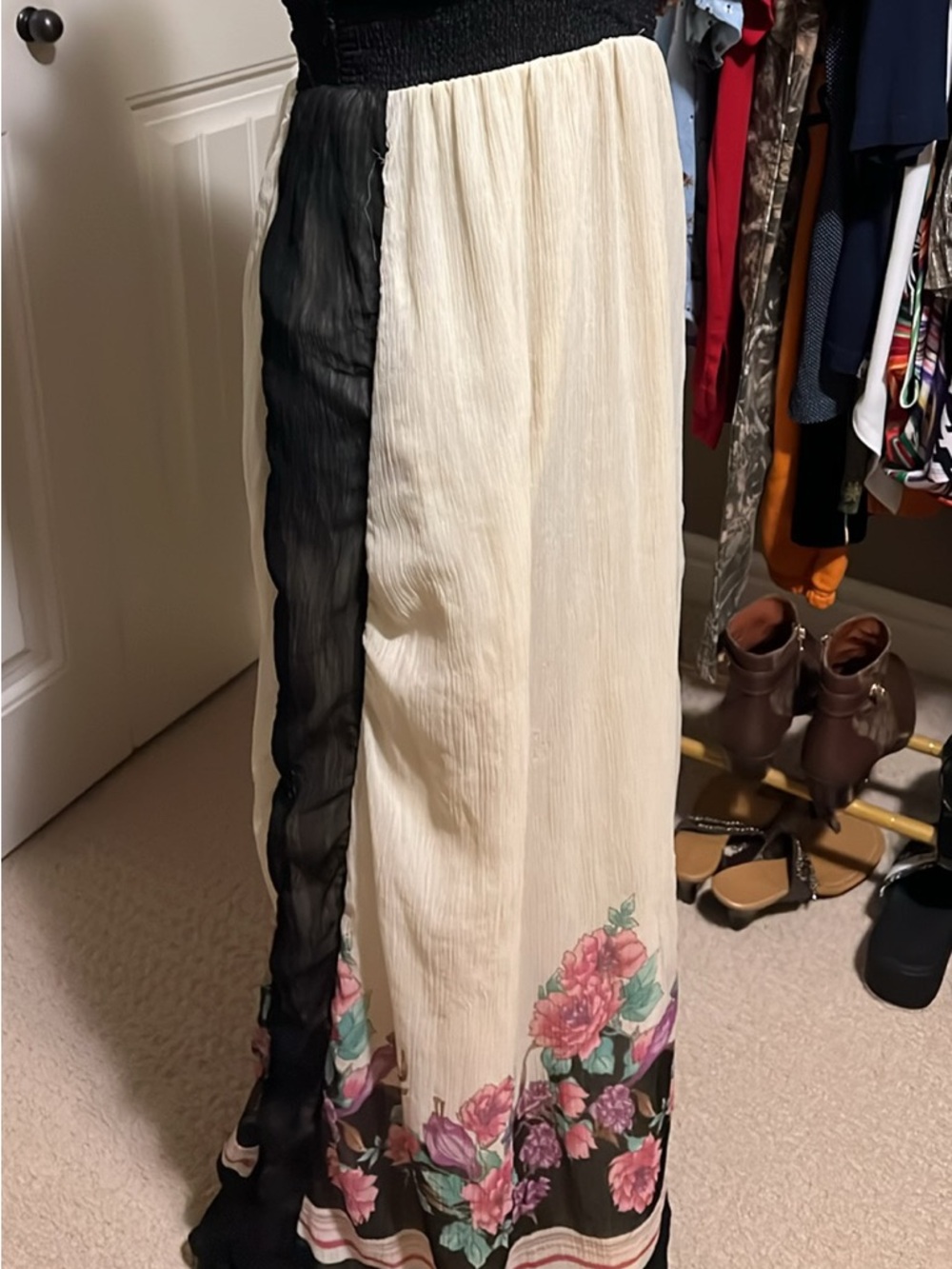 Tramp Black and Cream Maxi Dress with Floral Hem